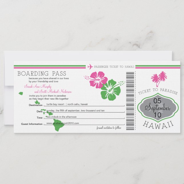 Bröllop-boardingpass till Hawaii Spara Datumet (Framsida)