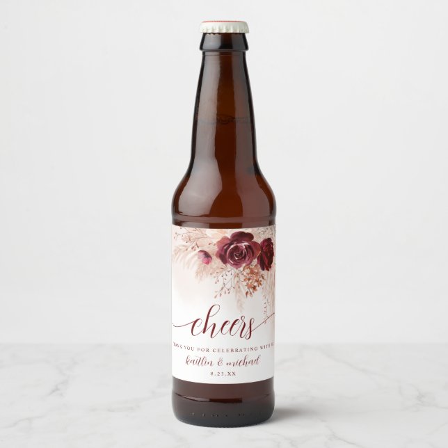 Bröllop Boho Pampas Gräs Bröllop Burgunder Ölflaska Etikett (Framsida)