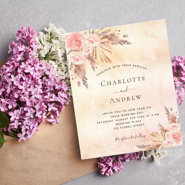 Bröllop boho pampas gräs ro guld flygblad (Skapare uppladdad)