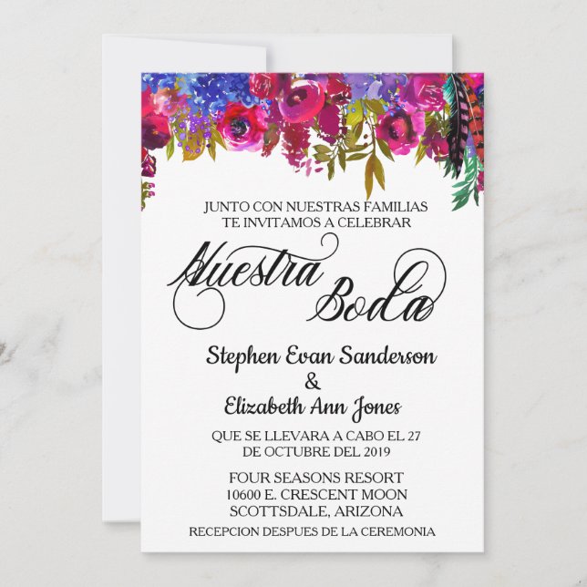 Bröllop Bold Boho Flower Nuestra Boda Inbjudningar (Framsida)
