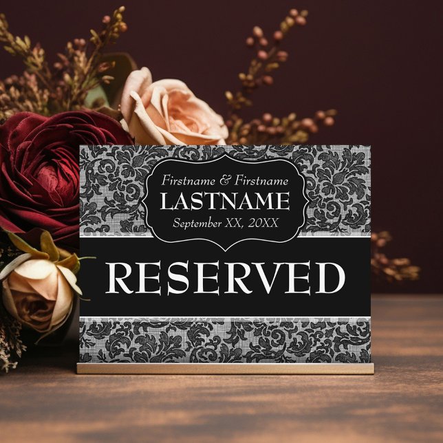 Bröllop Bord RESERVED Snöre Mönster Vykort (Black Lace Wedding - Reserved Table Sign)