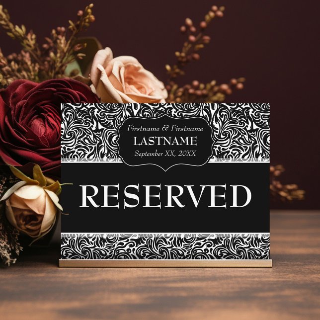 Bröllop Bord RESERVERAT Undertecknat Modern Mönste Vykort (Black Modern Wedding - Reserved table Sign)