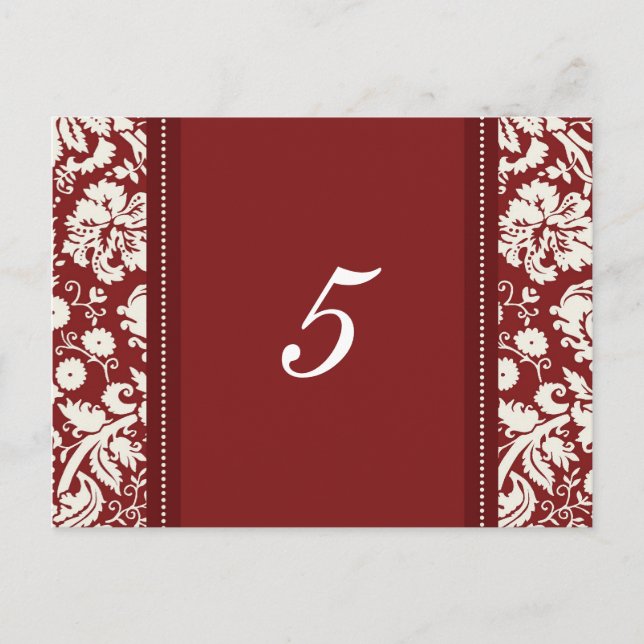 Bröllop Bordsnummer Cards Red Damask (Framsida)