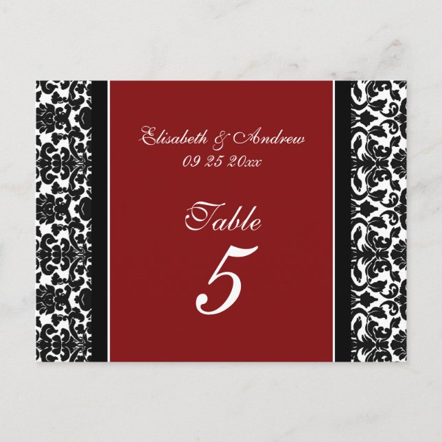 Bröllop Bordsnummer Cards Red Damask (Framsida)