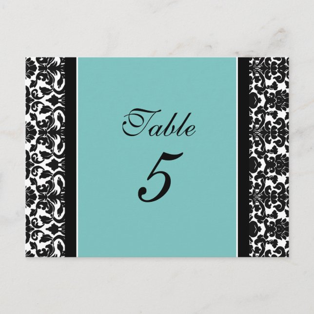 Bröllop Bordsnummer Cards Teal Damask (Framsida)