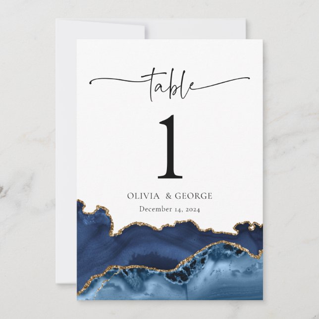 Bröllop-Bordsnummer-kort för marinblått Guld-agat Inbjudningar (Framsida)