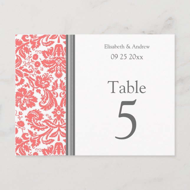 Bröllop Bordsnummer-kort Grått Coral Vykort (Framsida)