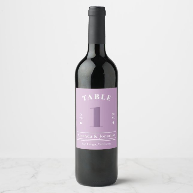 Bröllop Bordsnummer Lavender Färg Vin-etikett Vinflaska Etikett (Framsida)