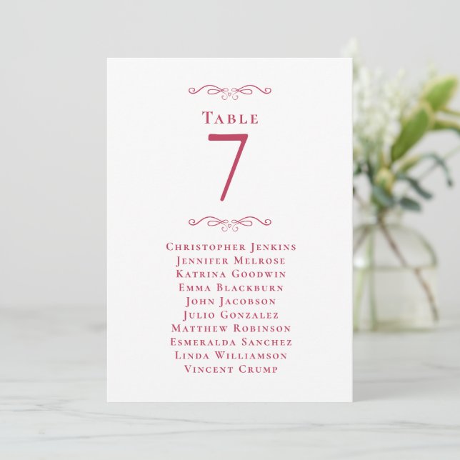 Bröllop Bordsnummer Magenta Red Guest Bord Card (Stående Fram)