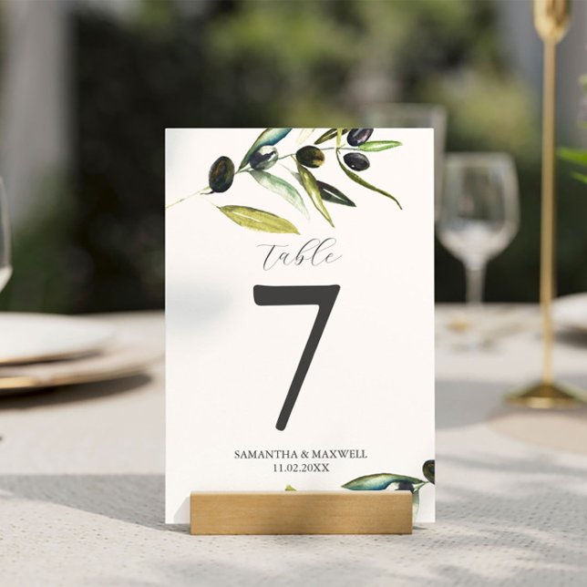 Bröllop Bordsnummer minimalistiskt Olive Gren (Personalized table numbers feature watercolor olive branch art by Victoria Grigaliunas )