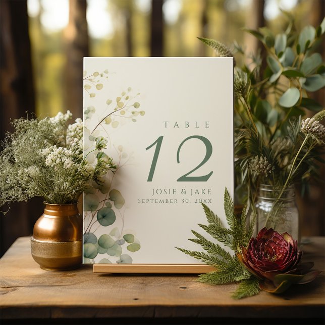Bröllop bordsnummer Romantisk Blommigt Eucalyptus (Romantic Floral Eucalyptus Leaves wedding table number sign Card in elegant green.)