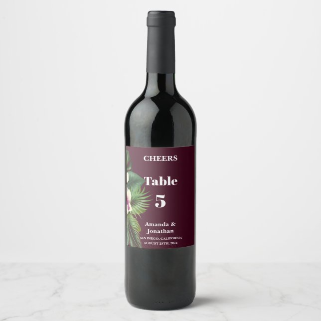 Bröllop Bordsnummer Vin Färg Blommigt  Vin Vinflaska Etikett (Framsida)