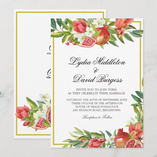 Bröllop Botanical Boho Elegant Pomegranat Inbjudningar (Fram/baksida)