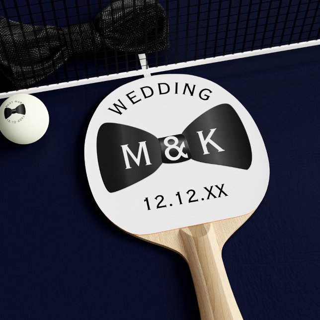 Bröllop Bow Tie Personlig Ping Pong Paddle Pingisracket (Add your initials and wedding date to this black and white ping pong paddle)