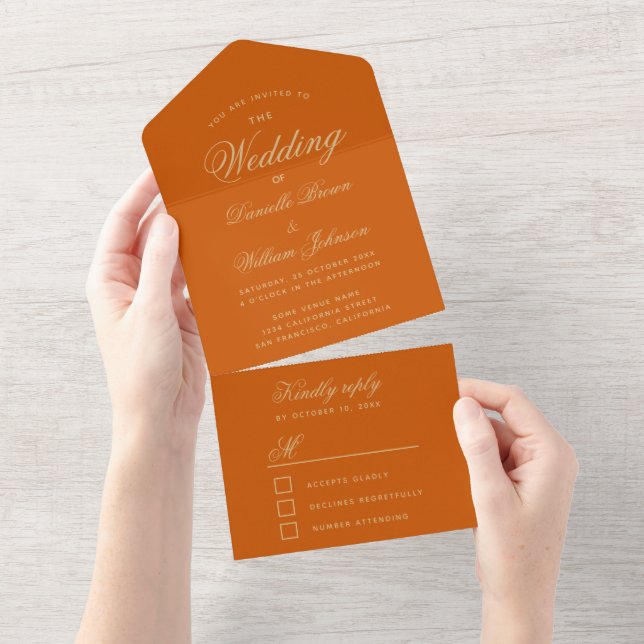 Bröllop Bränd Orange Elegant Kalligrafi RSVP (Avrivbar del)
