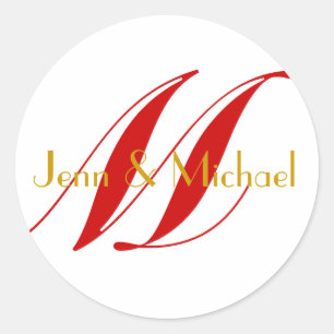 Bröllop Bride Groom Monogram Red & Guld Seal Runt Klistermärke