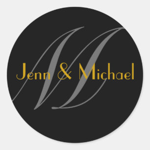 Bröllop Bride Groom Namn Monogram M Guld säl Runt Klistermärke