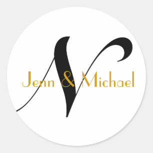 Bröllop Bride Groom Namn Monogram N Sticker Guld Runt Klistermärke
