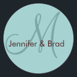 Bröllop Bride Groom Namn Monogram Sticker Blue Runt Klistermärke<br><div class="desc">Inbjudan - kuvert Seal_Initial,  monogram,  brev Namn och initialt Monogram Sticker Robin Egg Blue och Brown Anpassade</div>