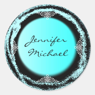 Bröllop Bride Groom Turquise Sticker Foil Runt Klistermärke