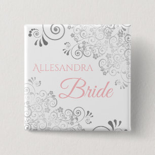 Bröllop Bride Namn bricka Rosa med Grått Frills Knapp