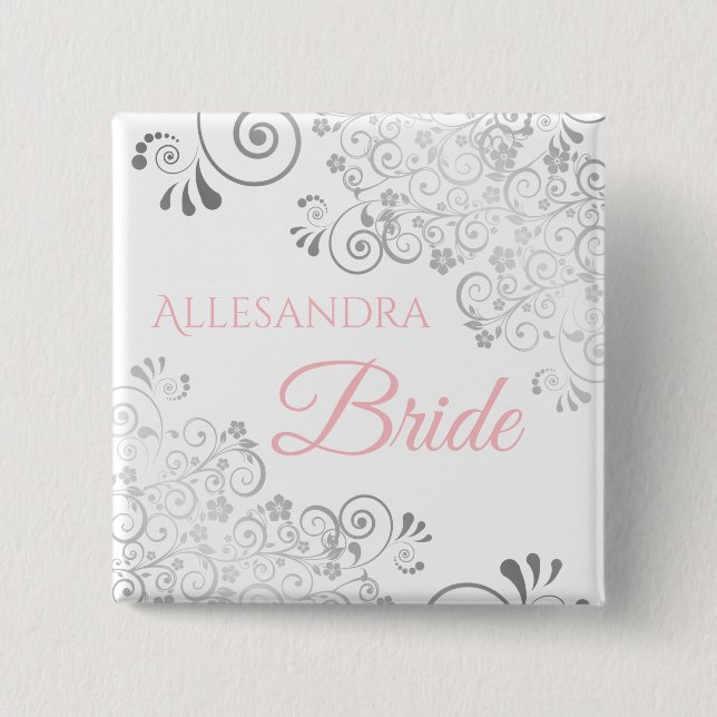 Bröllop Bride Namn bricka Rosa med Grått Frills Knapp (Framsida)