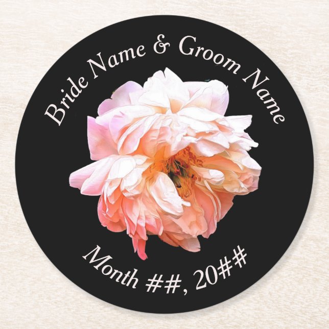 Bröllop Bride och Groom Peach Peony Underlägg Papper Rund (Framsidan)