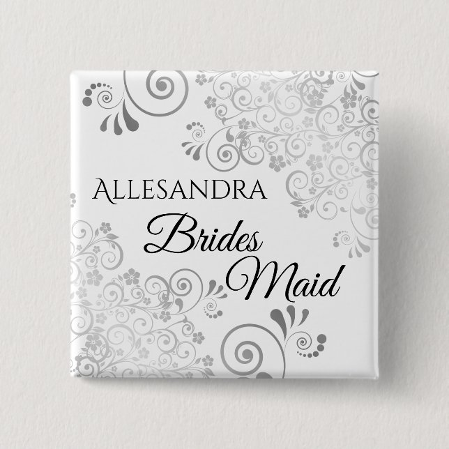 Bröllop Bridesmaid Namn bricka Silver Curly Frills Knapp (Framsida)