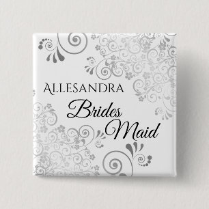 Bröllop Bridesmaid Namn bricka Silver Curly Frills Knapp