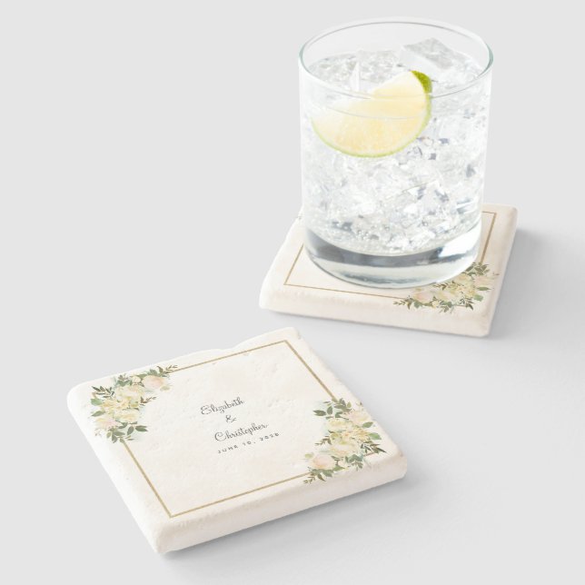 Bröllop Brud Brudgum Namn Datum Elegant Blommig Ch Stenunderlägg (Sidan)