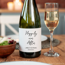 bröllop, brud groom, lyckligt efter, vinflaska etikett