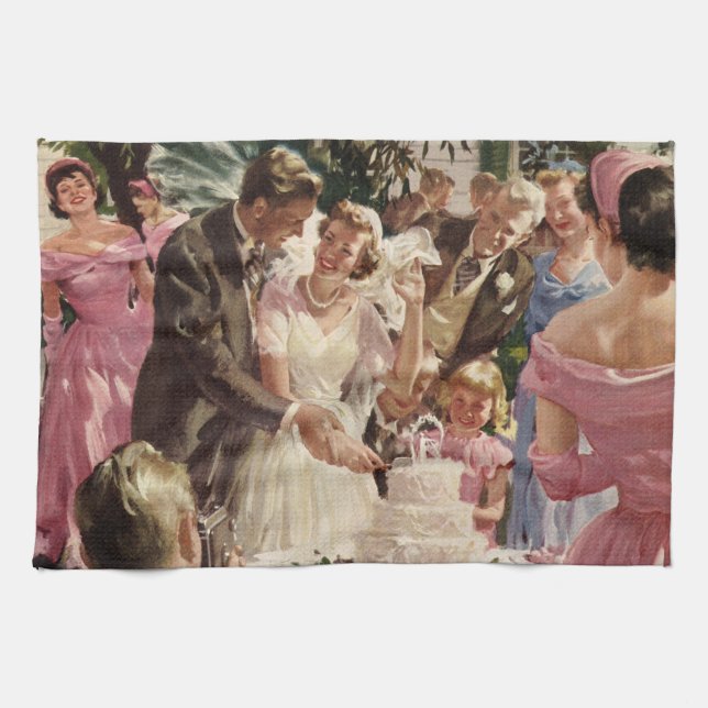 Bröllop Brud Groom Nygifta Skär Bröllopstårtan Kökshandduk (Horisontell)