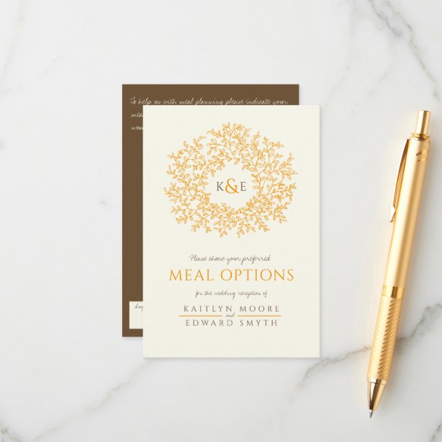 Bröllop-bruna orange löv monogram måltider tilläggskort (Fram/Back In Situ)