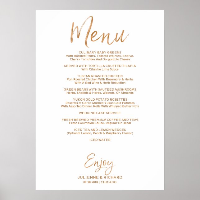 Bröllop Buffet Menu | Snyggt Guld Ro Letted Poster (Framsidan)