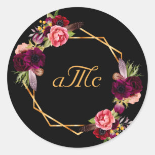 Bröllop burgundisk blommigt svart monogram initial runt klistermärke