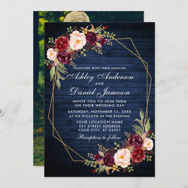 Bröllop Burgundy Blommigt Blue Wood Geometric Phot Inbjudningar (Fram/baksida)