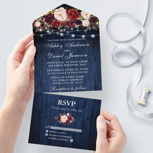 Bröllop Burgundy Blommigt Blue Wood Ljus (All In One Wedding Invitation with tear off RSVP Card)