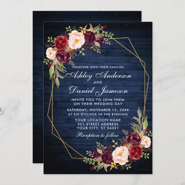Bröllop Burgundy Blommigt Blue Wood Photo Geometri Inbjudningar (Fram/baksida)