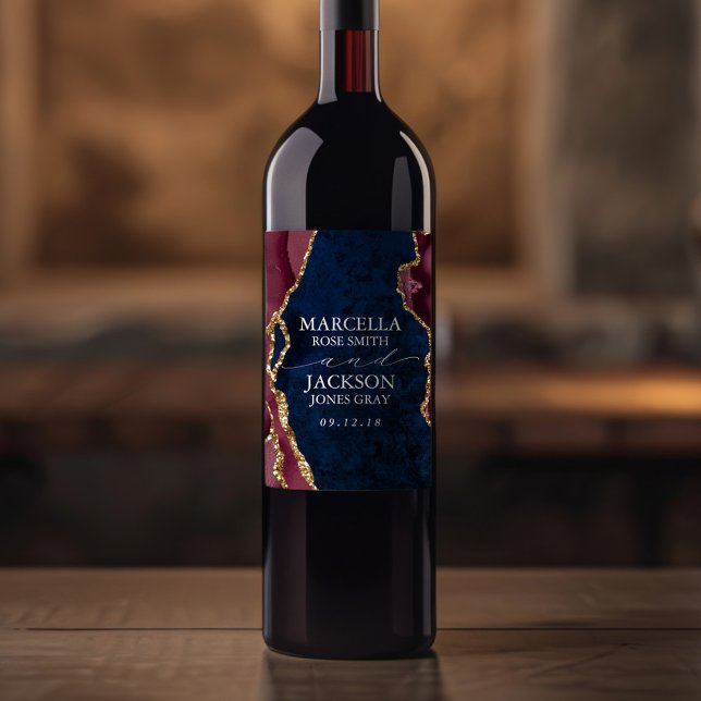 Bröllop, Burgundy & Guld Agate Vinflaska Etikett (Skapare uppladdad)