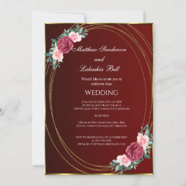 Bröllop Burgundy Guld Rosa Red Flowers Classic Inbjudningar