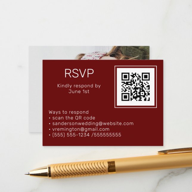 Bröllop Burgundy OSA Online QR-kodfoto för  Tilläggskort (Fram/Back In Situ)