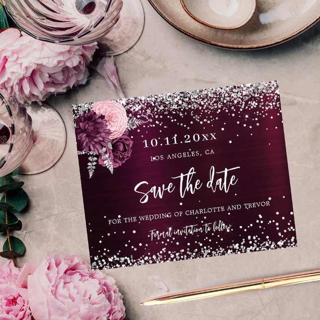 Bröllop burgundy silver blommor save the date (Skapare uppladdad)