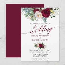 Bröllop Calligraphy Burgundy Blommigt Greenery B Inbjudningar