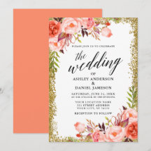 Bröllop Calligraphy Guld Glitter Coral Blommigt