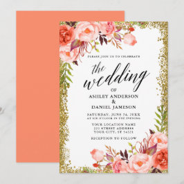 Bröllop Calligraphy Guld Glitter Coral Blommigt Inbjudningar