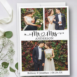 Bröllop Calligraphy Heart Mr. och Mrs. 3 Photo Tack Kort
