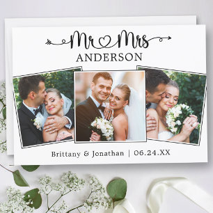 Bröllop Calligraphy Heart Mr. och Mrs. 3 Photos Tack Kort