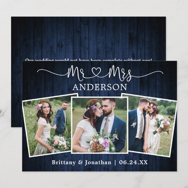 Bröllop Calligraphy Heart Mrs. 3 Photo Wood Tack Kort (Fram/baksida)