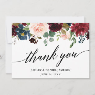 Bröllop Calligraphy l Blue Burgundy Blommigt Tack Kort