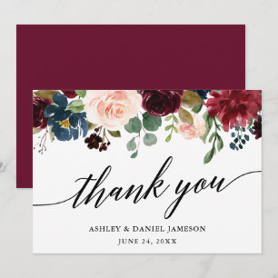 Bröllop Calligraphy l Burgundy Blue Blommigt Tack Kort
